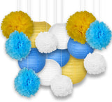 Blue ,Yellow And White Tissue Paper Pom Poms And Paper Lanterns -Birthday Party Decorations