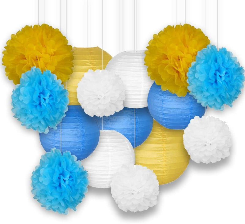Blue ,Yellow And White Tissue Paper Pom Poms And Paper Lanterns -Birthday Party Decorations
