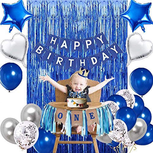 Blue Birthday Party Decoration - Happy Birthday Banner, Confetti Balloons, Foil Balloons
