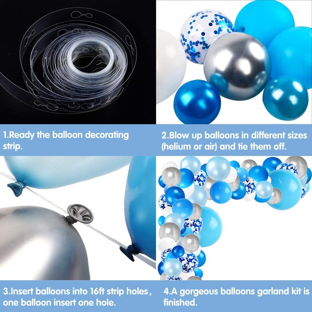 Blue Balloon Garland Arch Kit, With Blue, White, Silver Metal Latex And Blue Confetti Balloons,