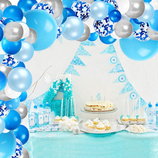 Blue Balloon Garland Arch Kit, With Blue, White, Silver Metal Latex And Blue Confetti Balloons,