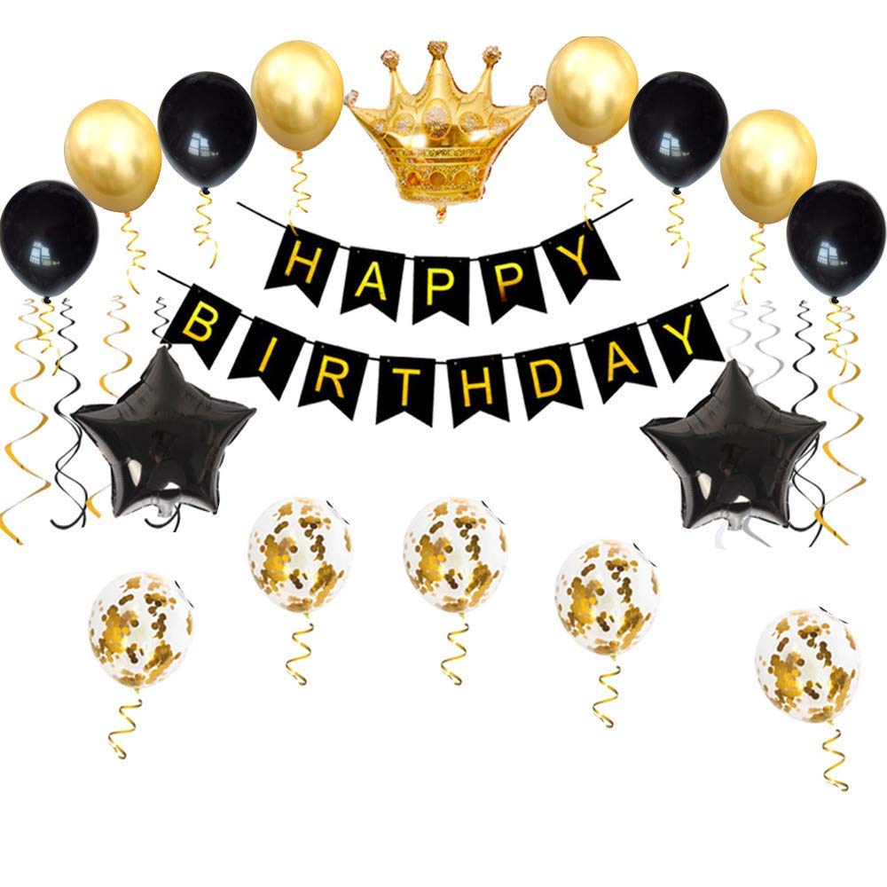 Birthday Party Decorations Kit - Happy Birthday Banner, Gold Crown Balloon Gold And Black Latex Balloons, Perfect Party Supplies