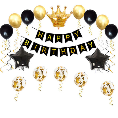 Birthday Party Decorations Kit - Happy Birthday Banner, Gold Crown Balloon Gold And Black Latex Balloons, Perfect Party Supplies