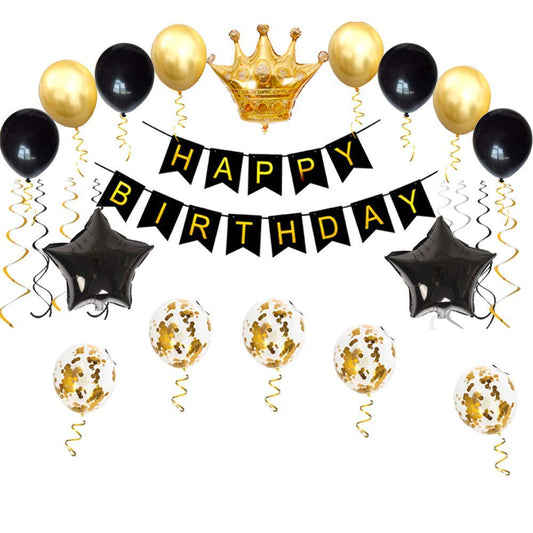 Birthday Party Decorations Kit - Happy Birthday Banner, Gold Crown Balloon Gold And Black Latex Balloons, Perfect Party Supplies