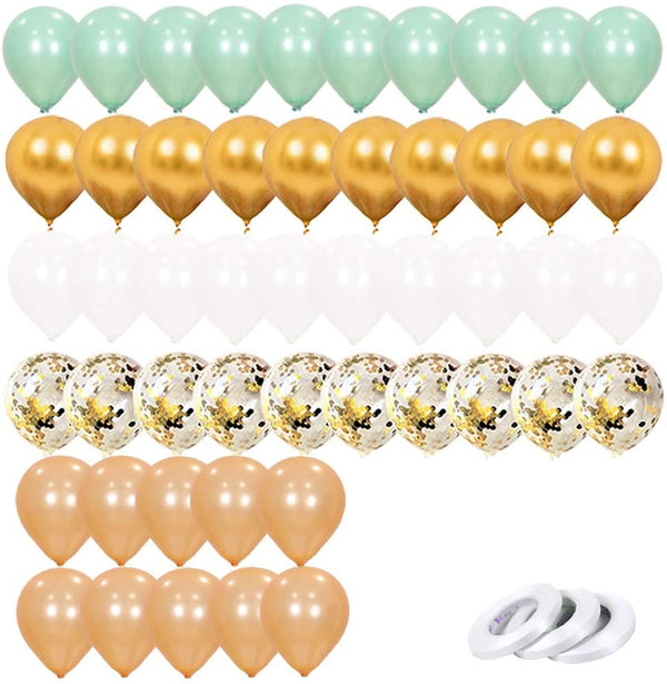 Metallic Balloons - Pastel Green, White ,Rose Gold ,Gold And Gold Confetti Latex Balloon For Birthday, Anniversary Parties.