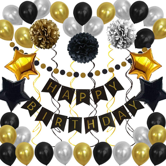 Gold And Black Happy Birthday Combo Decorative Set.