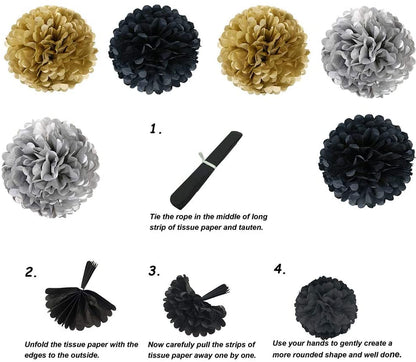 Golden ,Silver And Black Pom Pom Flower Decoration -Anniversary Parties & Milestone Birthday