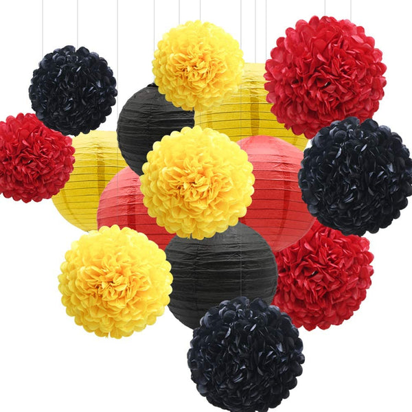 Red Yellow And Black Tissue Paper Pom Poms And Paper Lanterns -Birthday Party Decorations