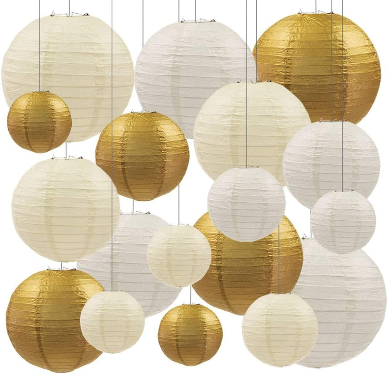 White And Golden Paper Lanterns -12"Inch Great For Baby Shower Parties