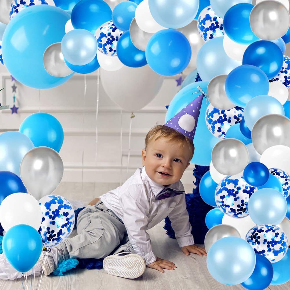 Blue Balloon Garland Arch Kit, With Blue, White, Silver Metal Latex And Blue Confetti Balloons,
