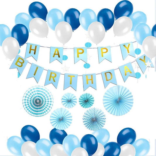 Happy Birthday Decoration Blue For Men And Boy, All-In-One Birthday Party Decor Supplies Set With Banner, Pom Pom, Fans, Balloons