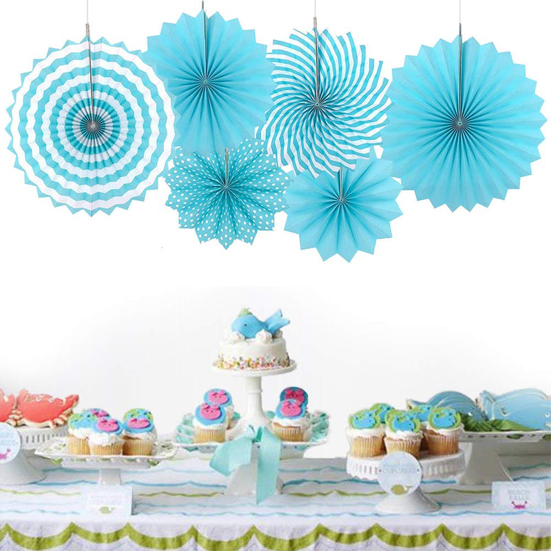 Paper Fans For Decoration Birthday Party Trend Party Fan For Wedding Birthday Showers - Blue And White (Pack Of 6)