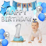 Blue And Silver First Birthday Banner Decorations Combo- 59Pcs Set Kit