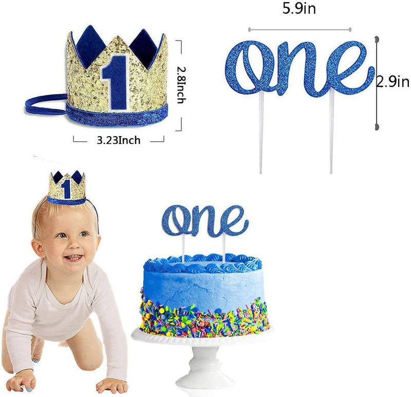 1St Birthday Decoration For Boy - Decoration Including Number 1 Crown,One Burlap Banner High Chair Decoration ,Cake Topper And Balloons