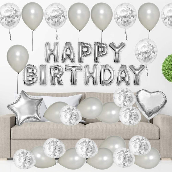 Silver Birthday Decorations Party Supplies Set, Balloons, Banner For Birthday Party