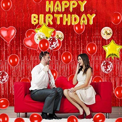Happy Birthday Balloon Set With Red Foil Curtains For Birthday Party