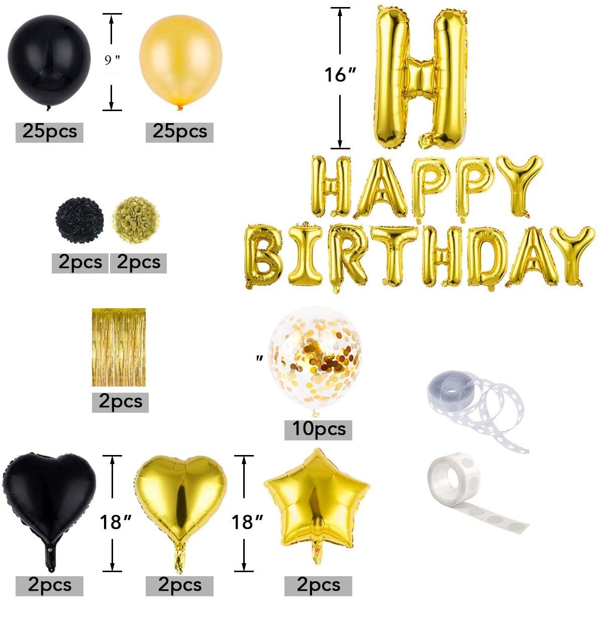 Birthday Gold And Black  Balloon Garland Kit Pack With Foil Curtains For  Birthday and all  Party Decorations