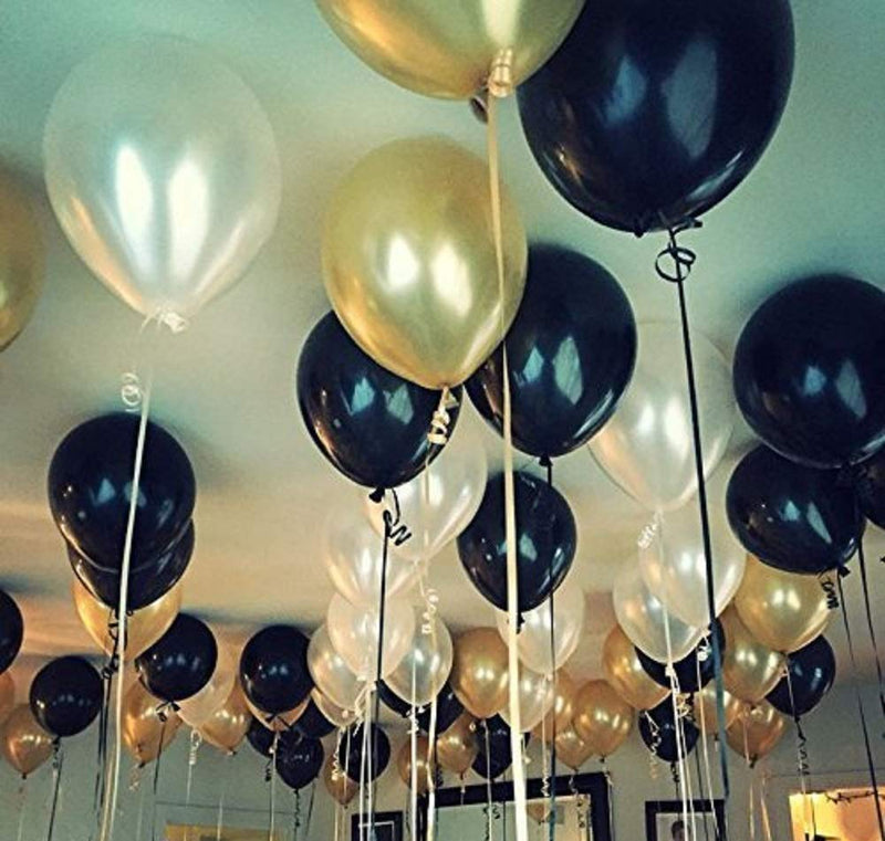 Happy Birthday Letter Foil Balloon Set Of Gold + 2 Pcs Of Gold Fringe Curtain (3 X 6 Feet) + Pack Of 30 Pcs Metallic Balloons (Black, Gold And Silver)