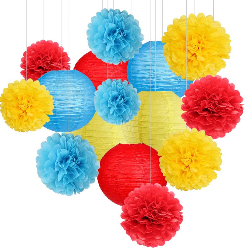 Tissue Paper Pom Poms And Paper Lanterns -Red Blue And Yellow
