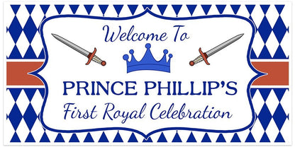Personalize Royal Blue And Gold Prince Crown Birthday Party Backdrop Banner