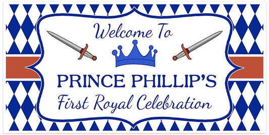 Personalize Royal Blue And Gold Prince Crown Birthday Party Backdrop Banner