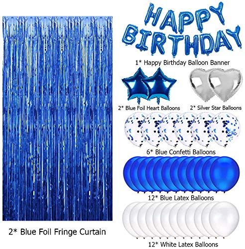 Blue Birthday Party Decorations Set With Happy Birthday Balloons Banner, Confetti Balloons, Foil Fringe Curtain For Birthday Party Supplies