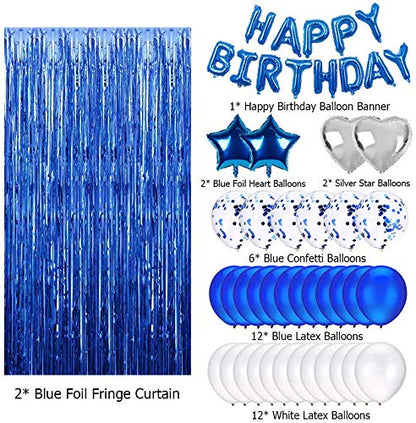 Blue Birthday Party Decorations Set With Happy Birthday Balloons Banner, Confetti Balloons, Foil Fringe Curtain For Birthday Party Supplies