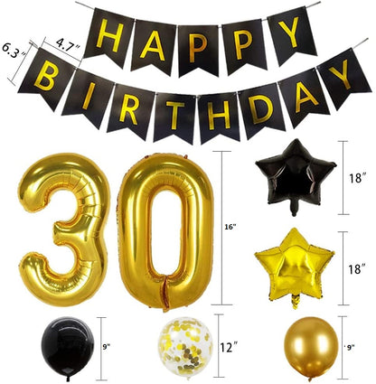30th Birthday Party Supplies Balloons Black and Gold Decorations