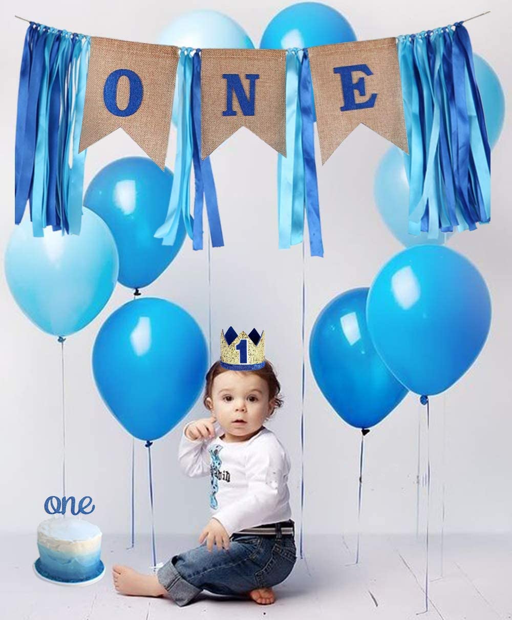 1St Birthday Decoration For Boy - Decoration Including Number 1 Crown,One Burlap Banner High Chair Decoration ,Cake Topper And Balloons