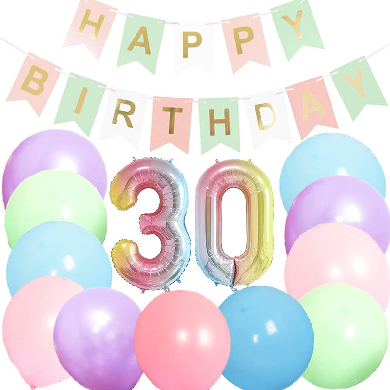 30th Rainbow and Pastel Birthday Decoration Banner and Balloons