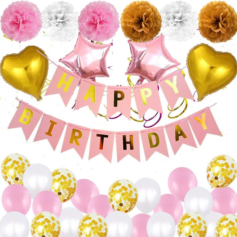 Pink And Gold Birthday Decorations -Happy Birthday Banner, Balloons, Pom Poms,Star And Heart Foil Balloons