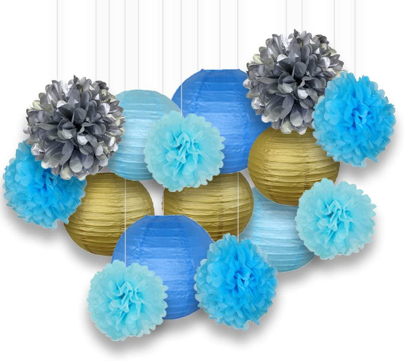 Blue Silver And Golden Tissue Paper Pom Poms And Paper Lanterns -Birthday Party Decorations