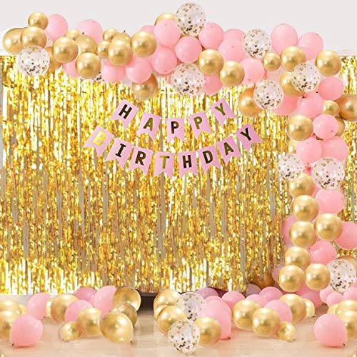 Girls Happy Birthday Balloons Banner Curtains Decorations Kit- Kids Baby Bday Decoration Items