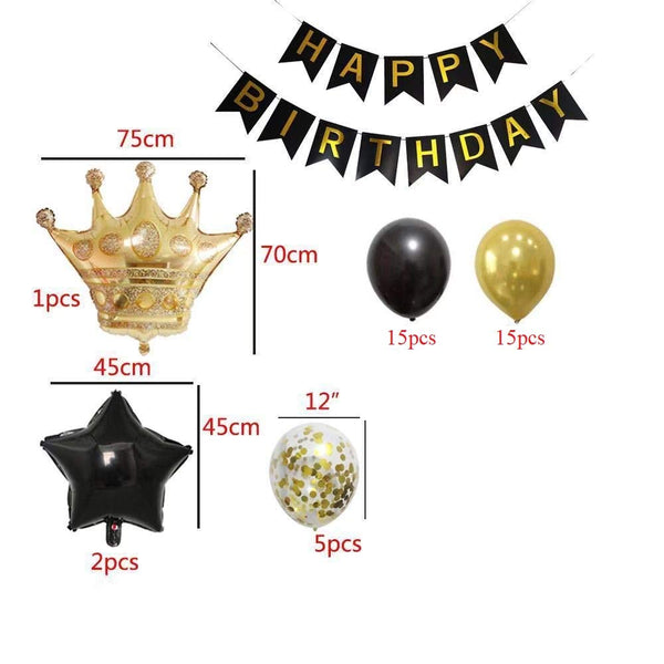 Birthday Party Decorations Kit - Happy Birthday Banner, Gold Crown Balloon Gold And Black Latex Balloons, Perfect Party Supplies