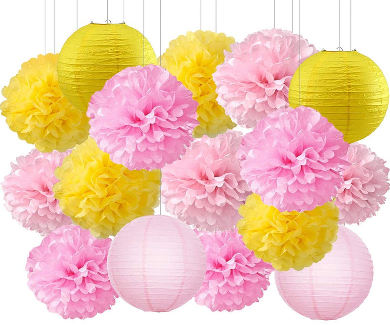 Pink And Yellow Tissue Paper Pom Poms And Paper Lanterns -Birthday Party Decorations