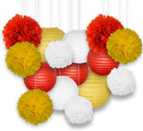 White Yellow And Red Tissue Paper Pom Poms And Paper Lanterns -Birthday Party Decorations