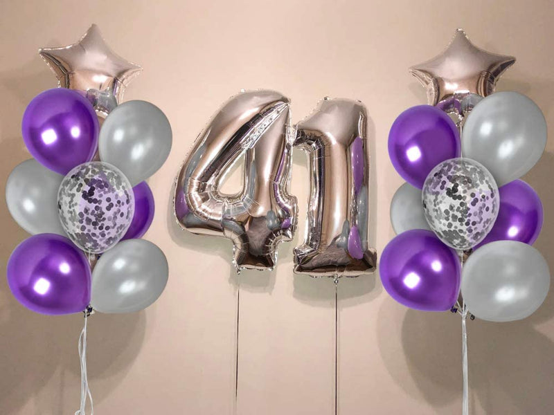 Metallic Silver And Purple Balloons And 12 Inch Silver Confetti Balloon(With Ribbon) - Pack of 40