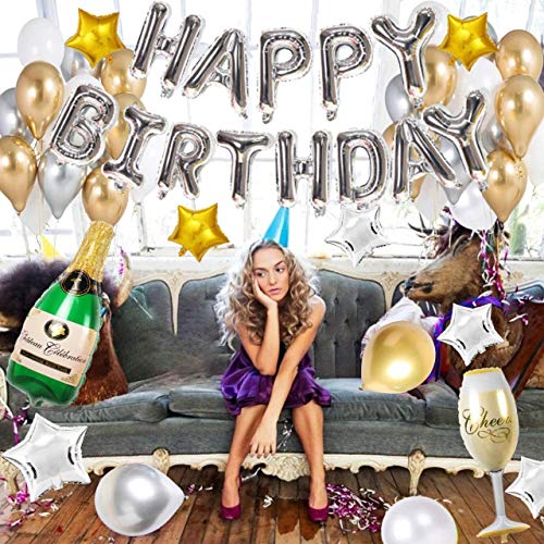 Gold White Theme Birthday Party Decorations - 16 Inch Happy Birthday Banner Balloon Gold White Latex Balloons Bottle Balloon