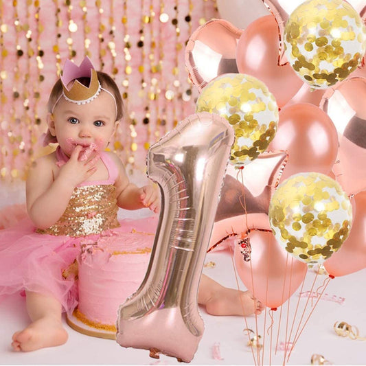 Rose Gold First Happy Birthday Banner Balloons Decorations Items Combo- 44Pcs Set Kit For 1St Baby Girl Decoration Items