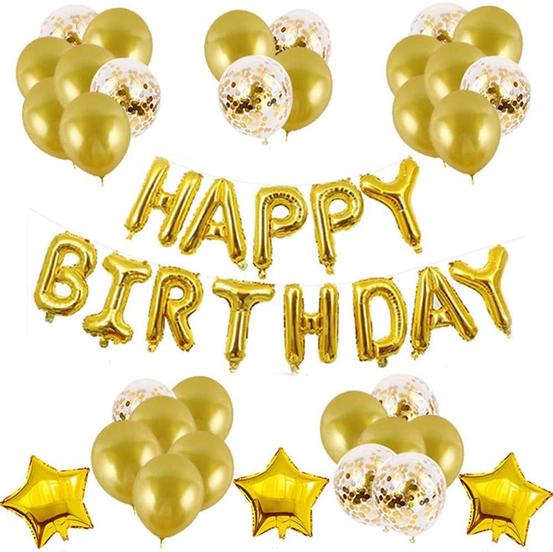 Gold Happy Birthday Party Decoration, Including Inflating Happy Birthday Alphabet Banners, Confetti Gold Balloons,Cake Topper for Girls Boys Birthday Supplies (Gold) (Happy Birthday)