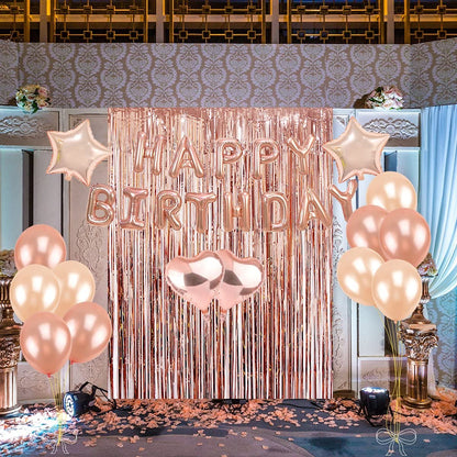 Birthday Party Decorations Kit Happy Birthday Balloons Banner, Heart & Star Foil Balloons, Latex Balloons and Confetti Balloons, Metallic Foil Fringe Curtains Photo Backdrop (Rose Gold)