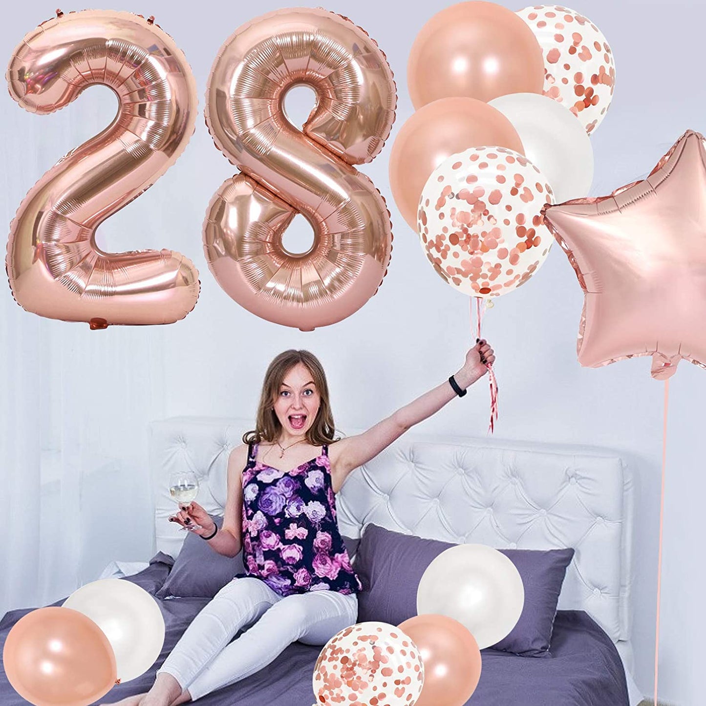 16 Inch Rose Gold Number 8 Balloon, Large Helium Balloon Birthday Party Decorations for Girls, Rose Gold Latex Balloons, 2 Year Party Supplies for Baby Shower Birthday Celebration