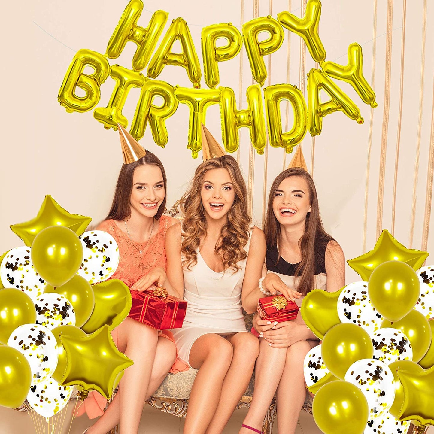 16 Inch Birthday Banner Balloon Letter Foil Party Decoration Bunting 18 Inch Star Heart Foil Latex Balloons Helium Confetti Balloons for Wedding Anniversaries gold