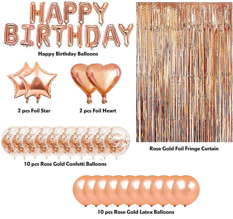 Birthday Decorations for Girls and Women with Happy Birthday Balloons Banner and Complete Rose Gold Party Supplies includes Tassel Garland Foil Curtain Confetti Heart Star Shaped