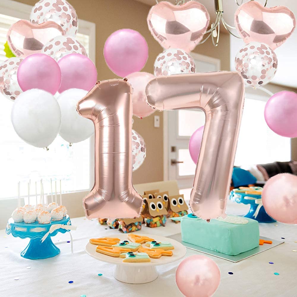 17th Birthday Balloon 17th Birthday Decorations Happy 17th Birthday Party Supplies Rose Gold Number 17 Foil Balloons Latex Balloon Gifts for Girls,Boys,Women,Men