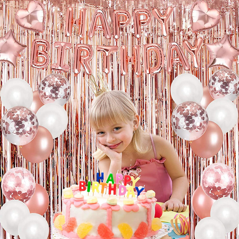 Rose Gold Birthday Party Supplies Kit ,Girls & Women Birthday Decor with Happy Birthday Banners,Foil Curtain/Balloons, Confetti Balloons Party Decoration (Birthday Decoration)