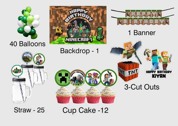 Minecraft Theme Birthday Party Combo Kit with Backdrop & Decorations