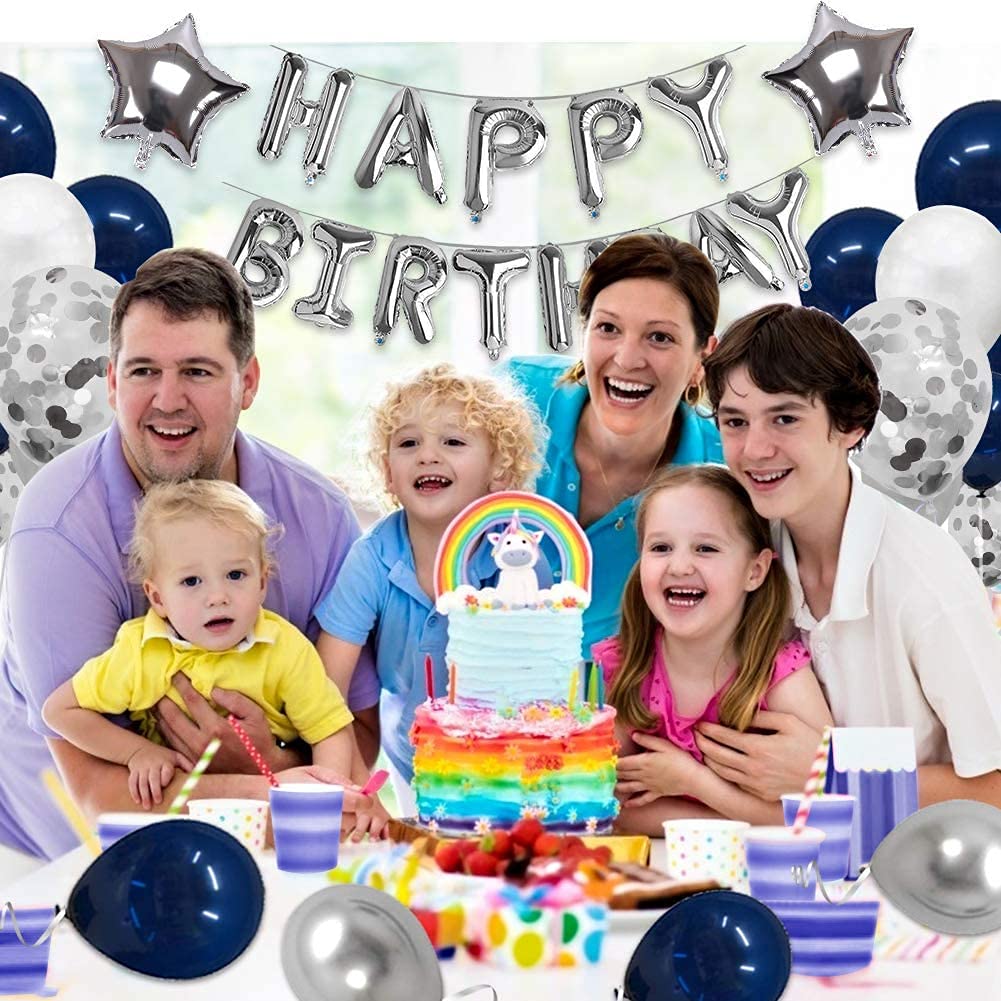 Birthday Decorations Happy Party Balloons Banner Supplies for Boys Girls Men Women Kids Navy Blue and Silver Confetti Latex Sets