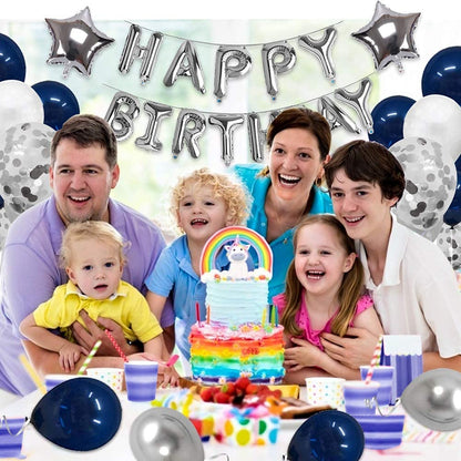 Birthday Decorations Happy Party Balloons Banner Supplies for Boys Girls Men Women Kids Navy Blue and Silver Confetti Latex Sets