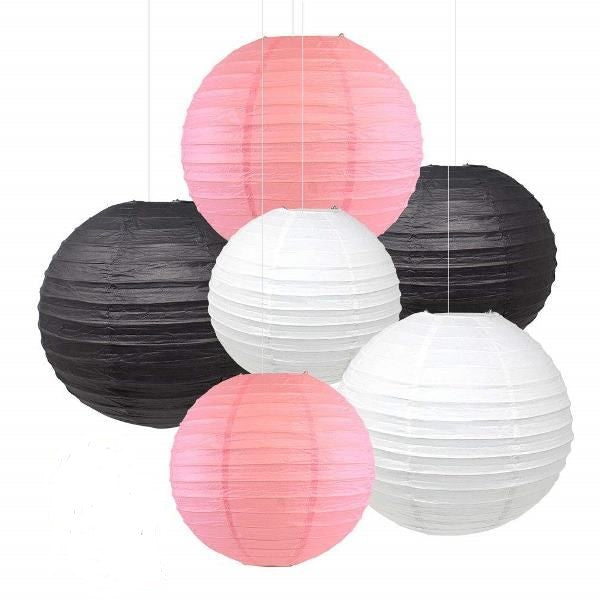 Black, White And Pink Paper Lanterns -12"Inch Great For Anniversary Parties, Girl Birthday Party,Paris Party Theme, Sweet Sixteen Party.
